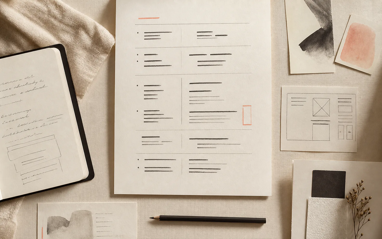 Editorial outline and writing-process materials arranged on a warm textured desk.